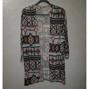 Eyeshadow Sz M Boho Aztec Western Open Cardigan Sweater Sheer 3/4 Dolman Sleeve